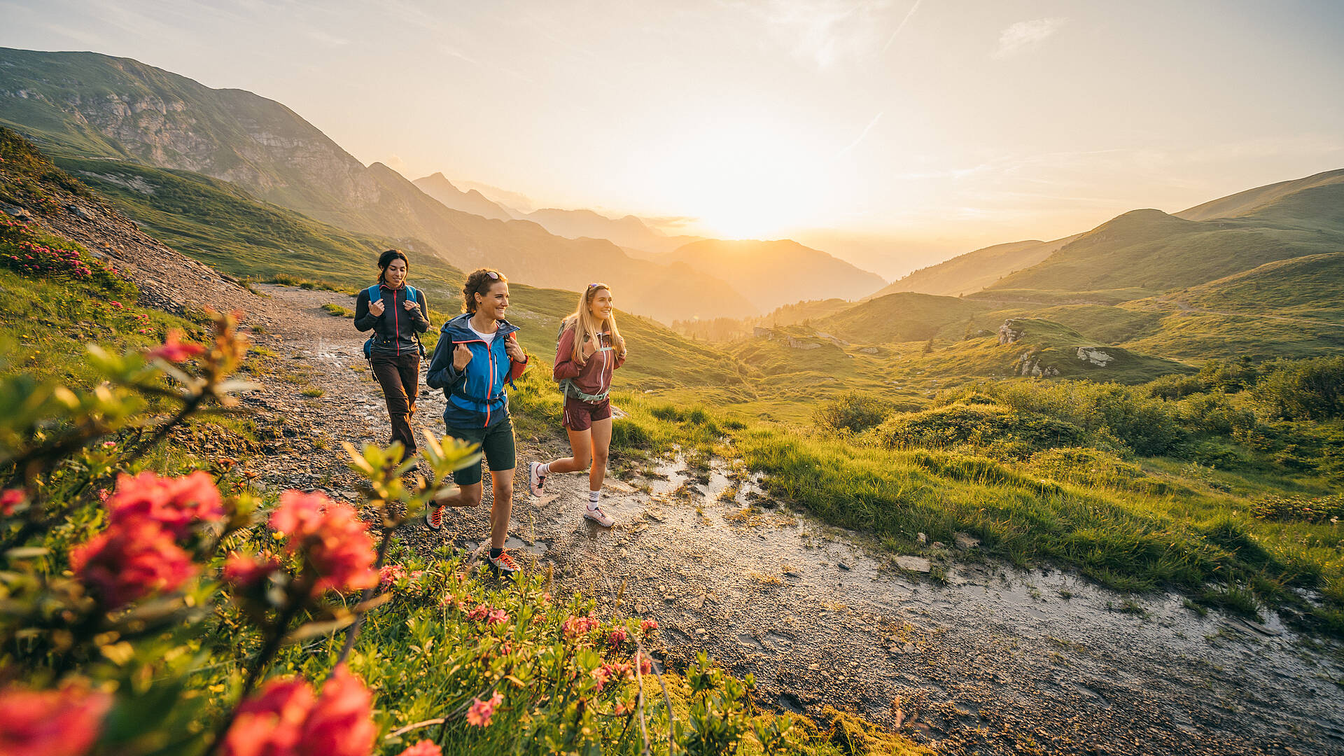 Wanderer auf der Karnische Milchstraße im warmen Sonnenlicht