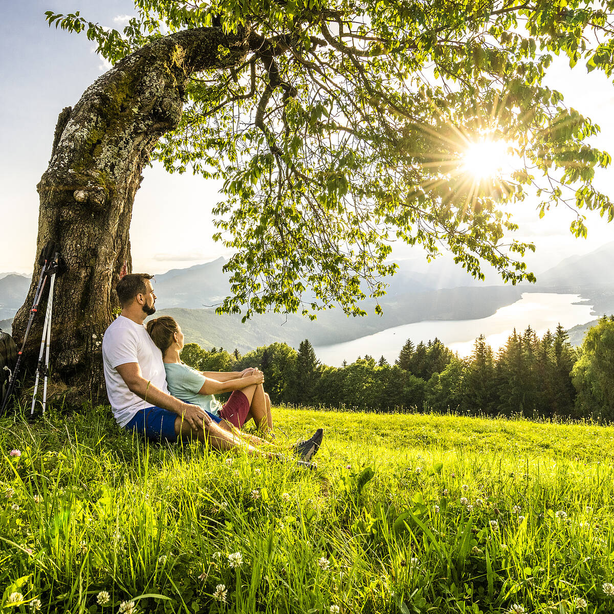 Mann und Frau sitzen im Schatten eines Baumes in der Via Paradiso.