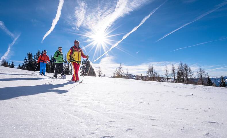 Winterurlaub in Österreich mit den Freunden Schneeschuhwandern auf den glitzernden Pisten