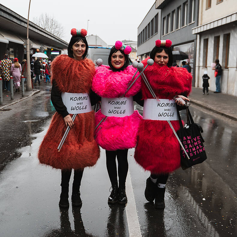 Drei verkleidete Frauen in Wollkostümen mit der Aufschrift „KOMME was WOLLE“ beim Villacher Fasching auf einer nassen Straße.