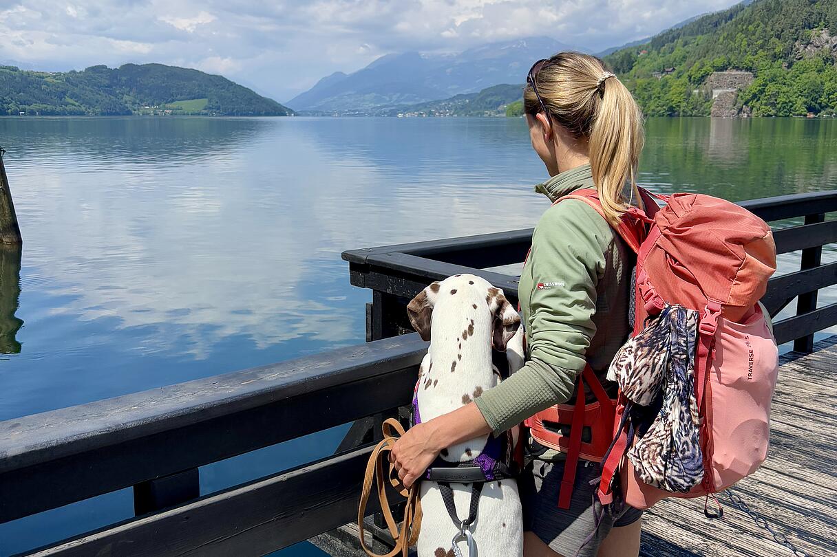 Ausblick Ostufer Millstätter See Frau mit Rucksack und Dalmatiner stehen auf einem Holzsteg und schauen über den Millstätter See in Kärnten, umgeben von Bergen und blauem Himmel.
