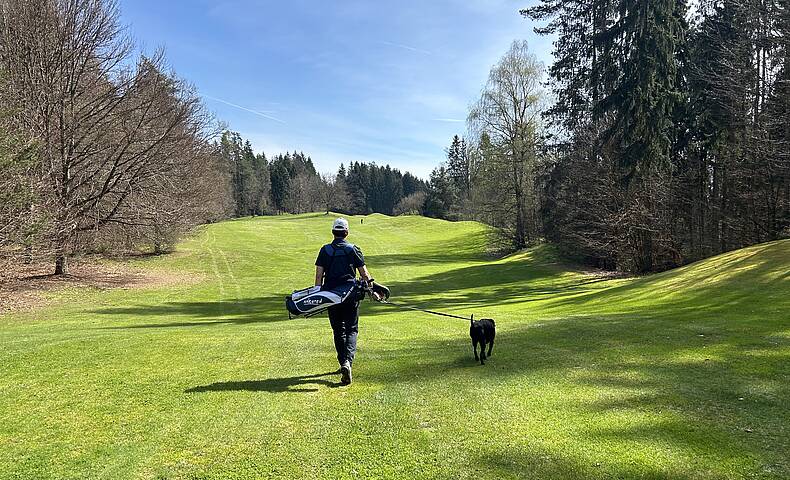 Golfspieler auf der Wiese mit Hund