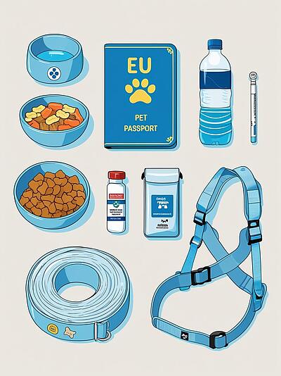 dog_travel_essentials_canva_pro Illustration von Reiseutensilien für Hunde, inklusive einem Trinknapf mit Wasser, einem Napf mit Leckerlis, einem Napf mit Trockenfutter, einem EU-Heimtierausweis, einer Wasserflasche, einem Thermometer, einem Medikamentenfläschchen, Hundekotbeuteln, einem Hundegeschirr und einer langen Hundeleine. Alle Gegenstände sind in Blautönen gehalten und symbolisieren eine gut vorbereitete Reise mit dem Hund.