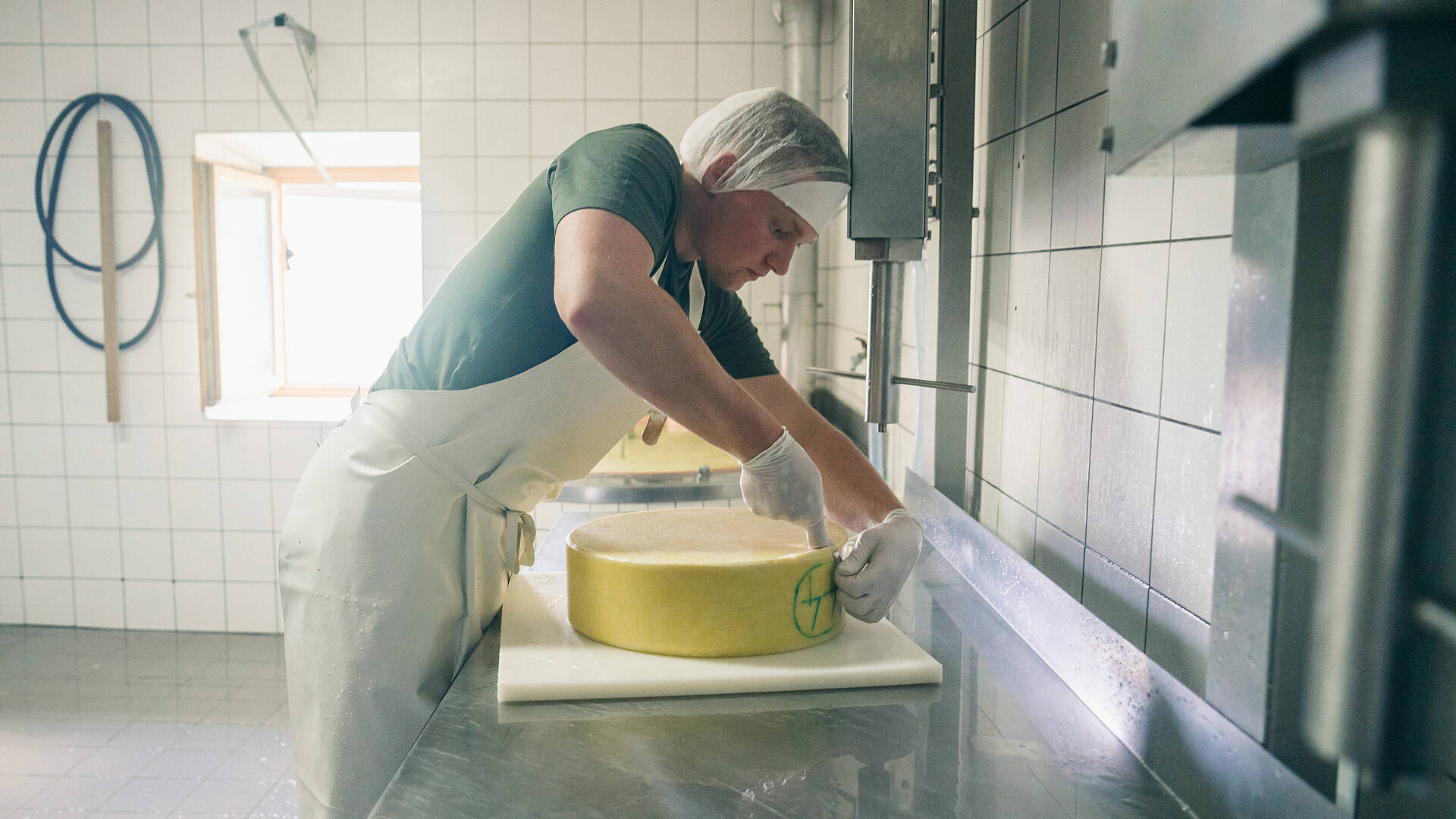 Der Senner bei der Arbeit, konzentriert bei der Kontrolle eines reifen Käselaibes