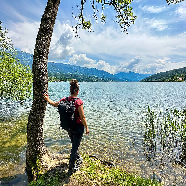 Ein Wanderer kommt am Millstätter See an und genießt die Aussicht.