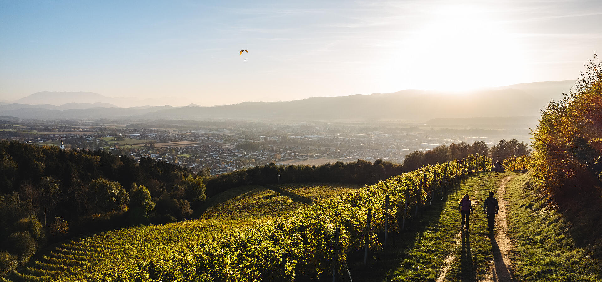 Wanderer unterwegs am Weinlehrpfad in Wolfsberg