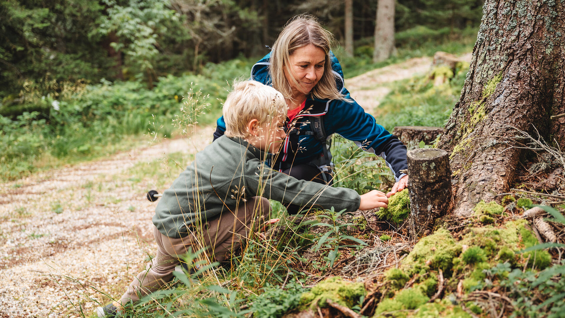 Wald entdecken – Naturerlebnis für Groß und Klein Eine Frau und ein kleiner Junge untersuchen gemeinsam einen moosbedeckten Baumstumpf am Waldrand.