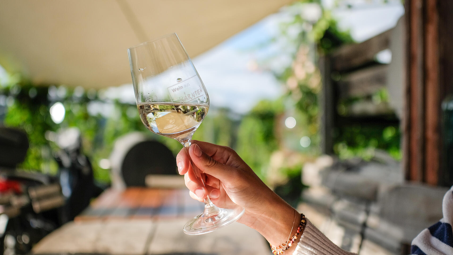 Hand hält ein Glas Burgwein Glanegg im Freien, im Hintergrund Holztisch und grüne Landschaft.