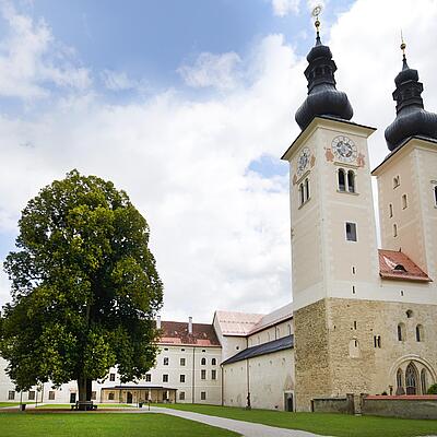 Außenansicht des Dom zu Gurk mit zwei markanten Türmen, Klostergebäude und großem Baum im Innenhof.