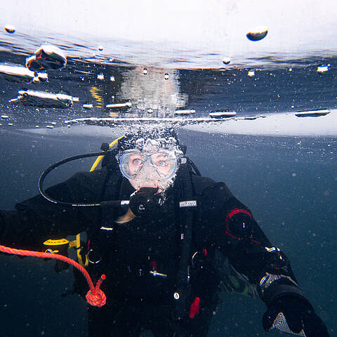 Unter Wasser mit Schutzanzug beim Eistauchen im Weissensee 