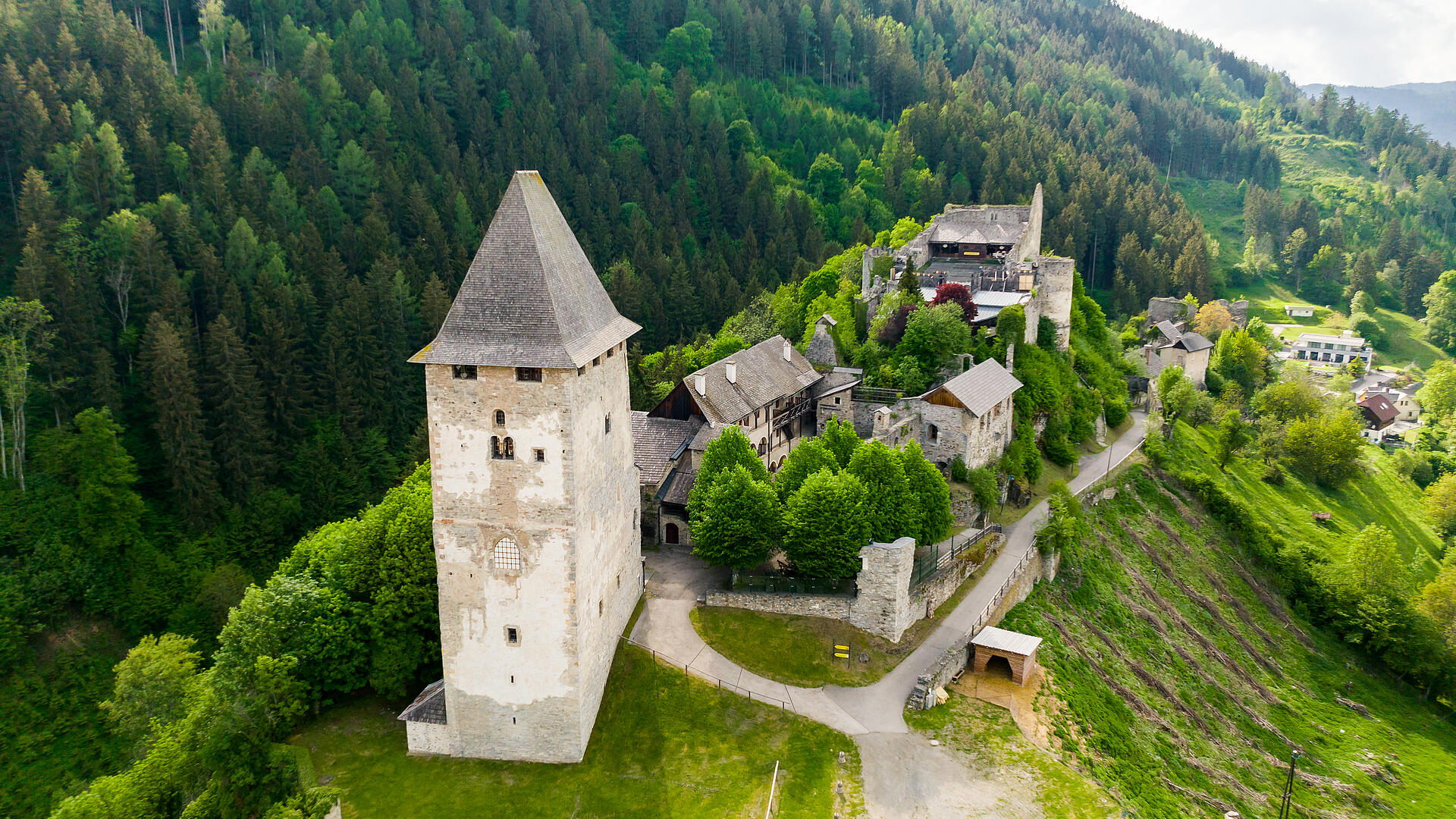 Petersburg Friesach Burg Petersberg in Friesach mit markantem Wehrturm, Ringmauern und historischen Gebäuden, eingebettet in eine grüne Hügellandschaft.